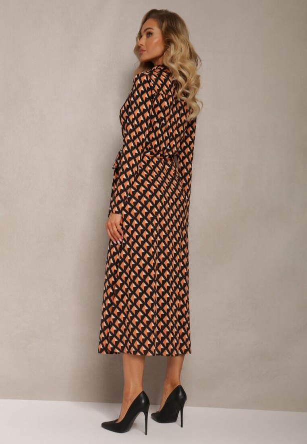 Pomarańczowo-Czarna Sukienka Koszulowa Rozkloszowana Burrus