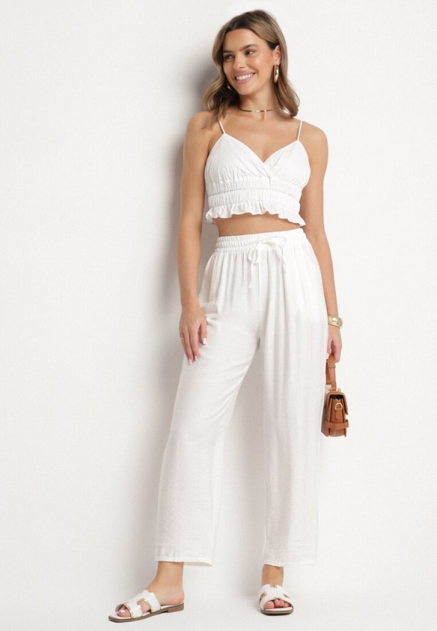 Białe Spodnie z Bawełną i Wiązaniem Maiovelle