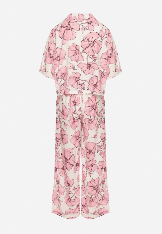 Różowy Komplet w Kwiatowy Wzór Koszula z Krótkim Rękawem i Spodnie Revailise