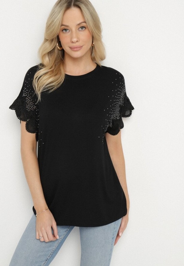 Czarna Bawełniana Bluzka Nietoperz z Koronkowymi Rękawami z Cyrkoniami Adivain