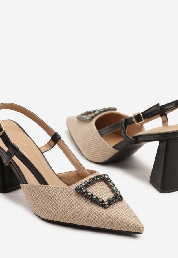 Czarne Sandały na Słupku Typu Slingback Ozdobione Cyrkoniową Aplikacją Koriarre