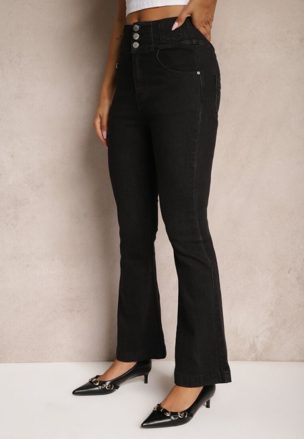 Czarne Jeansy High Waist o Kroju Dzwonów z Dodatkiem Bawełny Wykończone Guzikami Nevisca