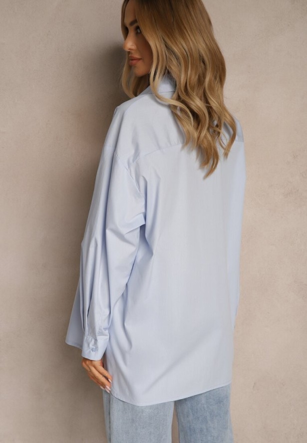 Jasnoniebieska Koszula Oversize z Bawełny z Ażurowymi Zdobieniami z Motywem Kwiatowym Voesia