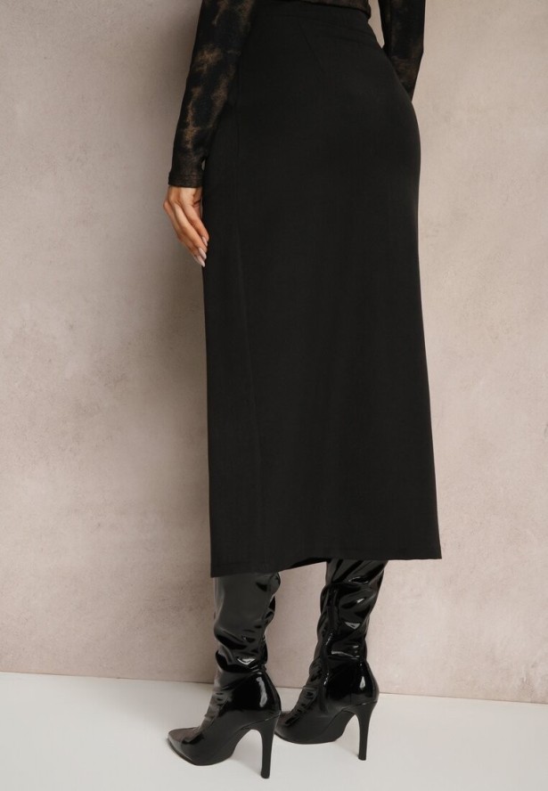 Czarna Spódnica Ołówkowa z Wiskozą High Waist z Rozcięciem Semivinia