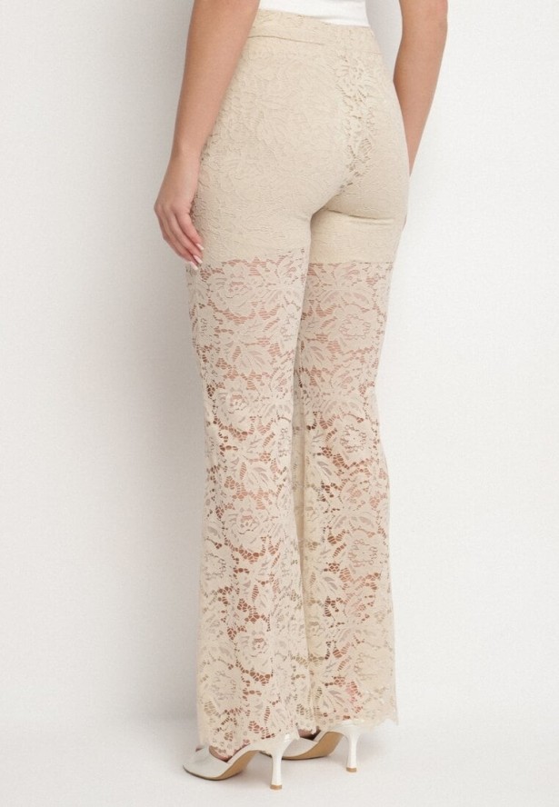 Beżowe Spodnie Koronkowe o Fasonie Dzwonów Vortiga