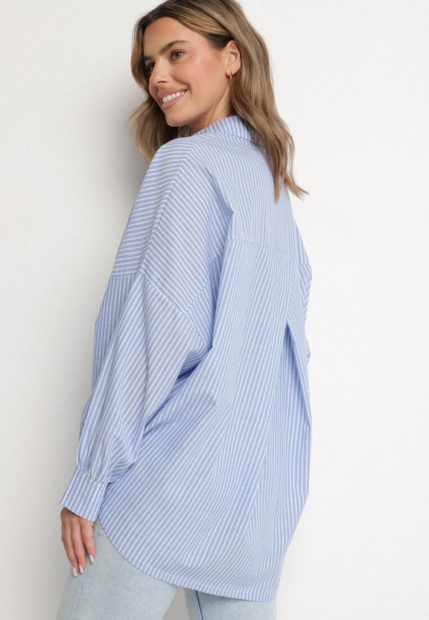 Jasnoniebieska Bawełniana Koszula Oversize w Paski ze Ściągaczem Elineola