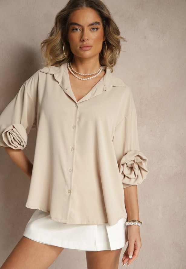 Beżowa Koszula Ozdobiona Kwiatami 3DTenisela