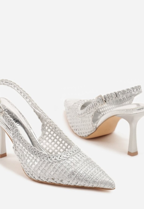 Srebrne Sandały na Szpilce Typu Slingback Ozdobione Plecionką Meranoria