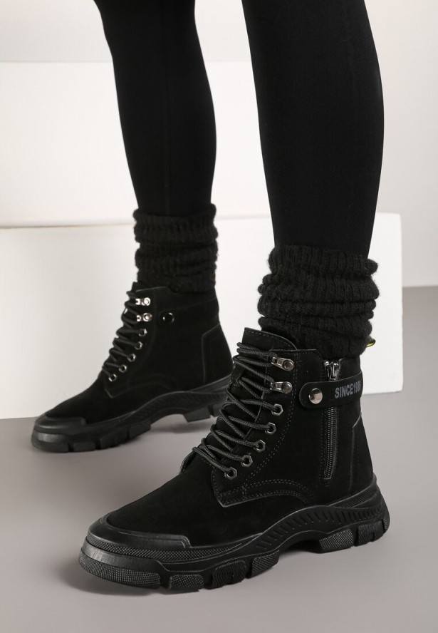 Czarne Botki Traperki na Grubej Podeszwie Beanika