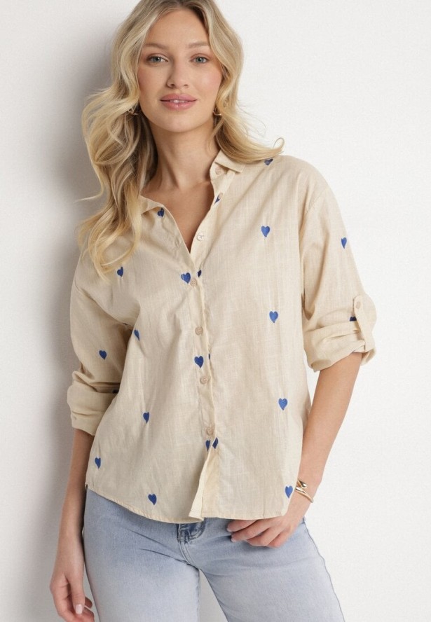 Beżowa Koszula z Bawełny Ozdobiona Sercami Aslotis