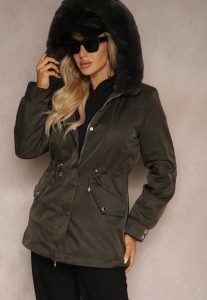 Ciemnozielona Kurtka Typu Parka z Kapturem i Futerkiem z Możliwością Odpięcia Marindria