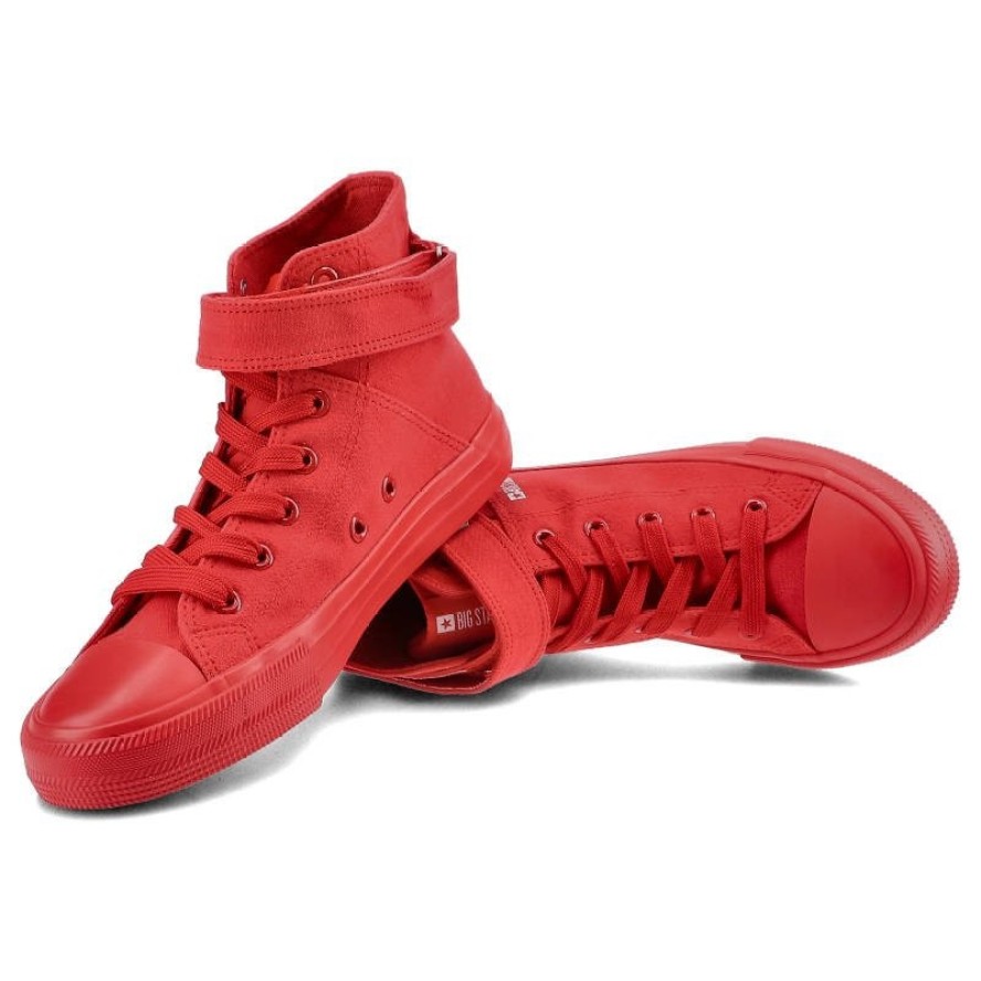 Trampki damskie Big Star, materiałowa sznurowana cholewka na klasycznym płaskim gumowym spodzie, czerwone, FF274580
