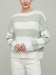 Sweter w pasy z okrągłym dekoltem i długim rękawem - zielony