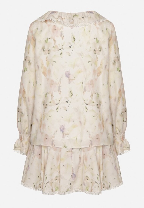 Beżowo-Żółty Wiskozowy Komplet z Falbankami Bluzka i Spódnica Istebia