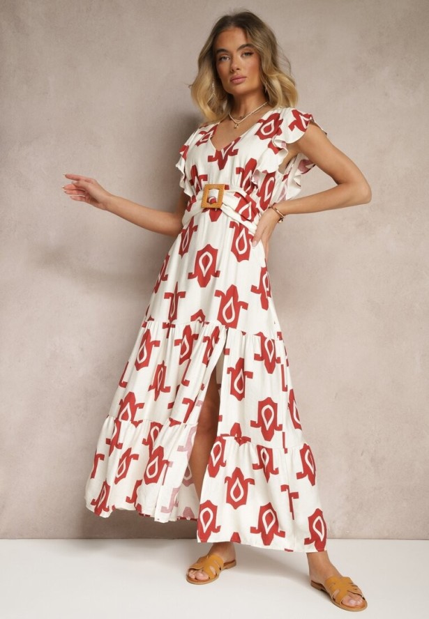 Biało-Czerwona Wiskozowa Sukienka w Geometryczny Wzór z Paskiem z Klamrą Viriala