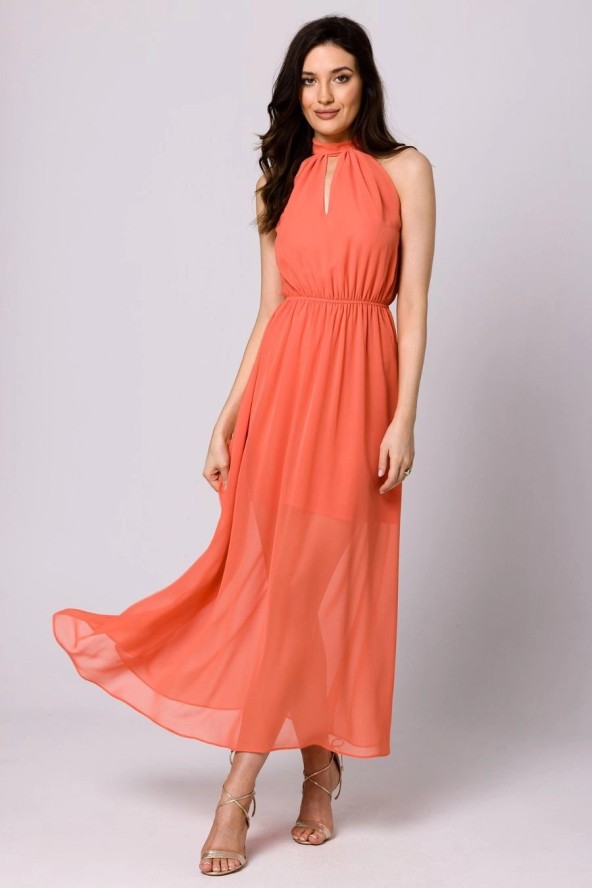 Długa zwiewna sukienka szyfonowa pomarańczowa