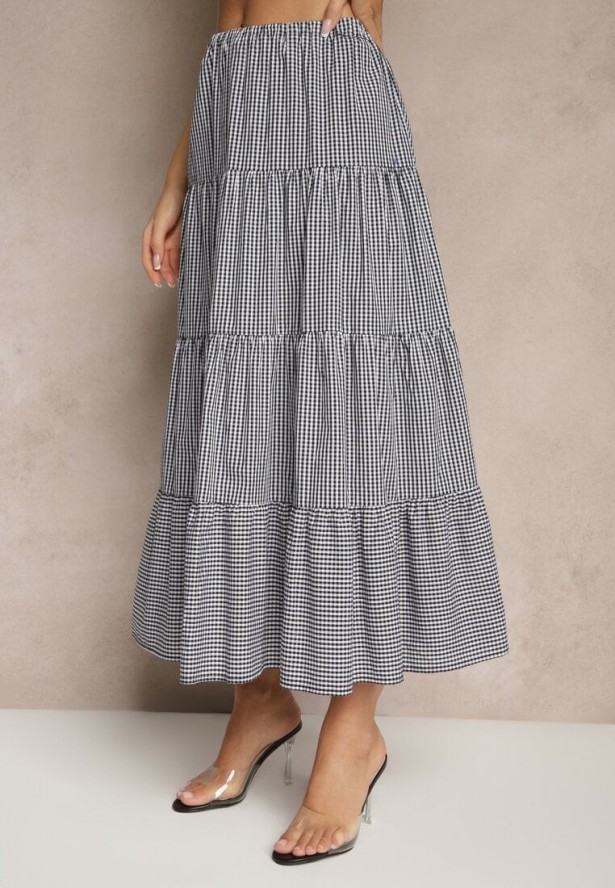 Czarno-Biała Spódnica w Kratkę z Bawełny o Rozkloszowanym Kroju Stemani