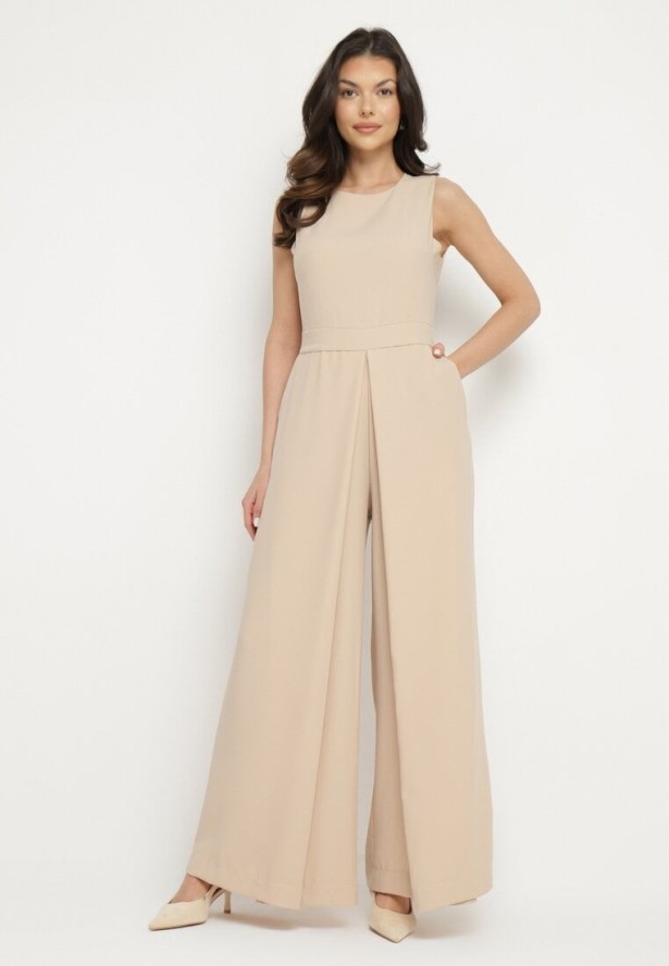 Beżowy Kombinezon Bez Rękawów z Szerokimi Nogawkami i Kieszeniami Veleldia