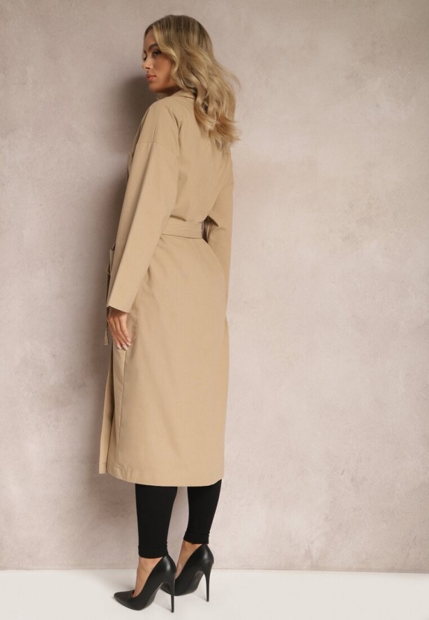 Beżowy Płaszcz z Wiązanym Paskiem Oversize Terethia