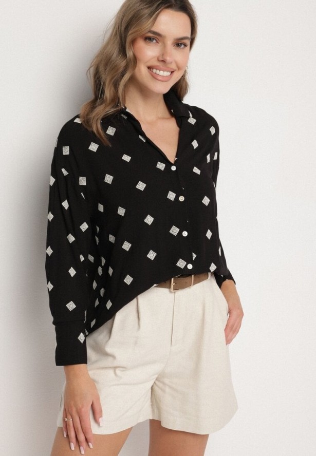 Czarna Koszula z Wiskozy z Lnu Zdobiona Geometrycznym Haftem Fadea