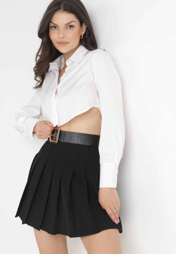 Czarna Rozkloszowana Spódnica Mini z Zakładkami i Dodatkowym Paskiem Sheinda