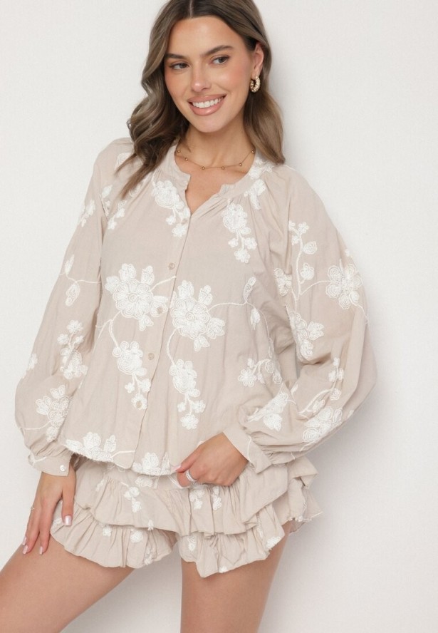 Beżowy Bawełniany Komplet Koszula z Szerokimi Rękawami i Spódnico-Spodenki Savrise