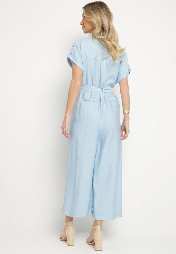 Niebieski Kombinezon z Paskiem i Ozdobnymi Kieszeniami Polsedi