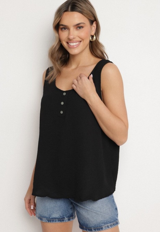 Czarny Top na Szerokich Ramiączkach Zdobiony Guzikami Jenadorea