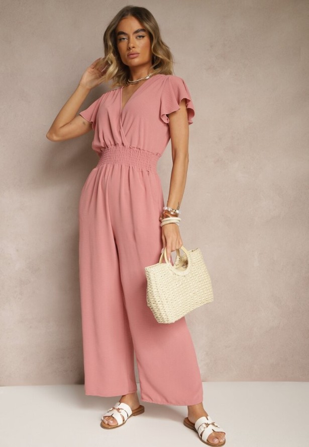 Różowy Kombinezon o Kopertowym Kroju z Gumką w Talii Martalia