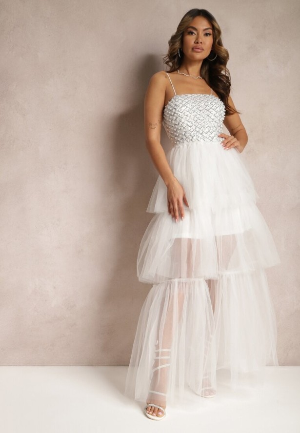 Biała Wieczorowa Sukienka Maxi Ozdobiona Cekinami i Falbankami z Tiulu Neptina