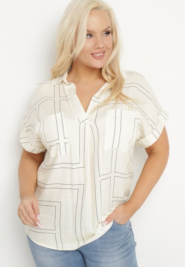 Jasnobeżowa Bluzka o Koszulowym Fasonie z Wiskozy w Geometryczny Print Ralozi