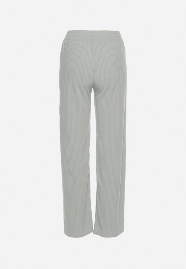 Zielone Prążkowane Spodnie Szerokie z Gumką w Pasie Drasia