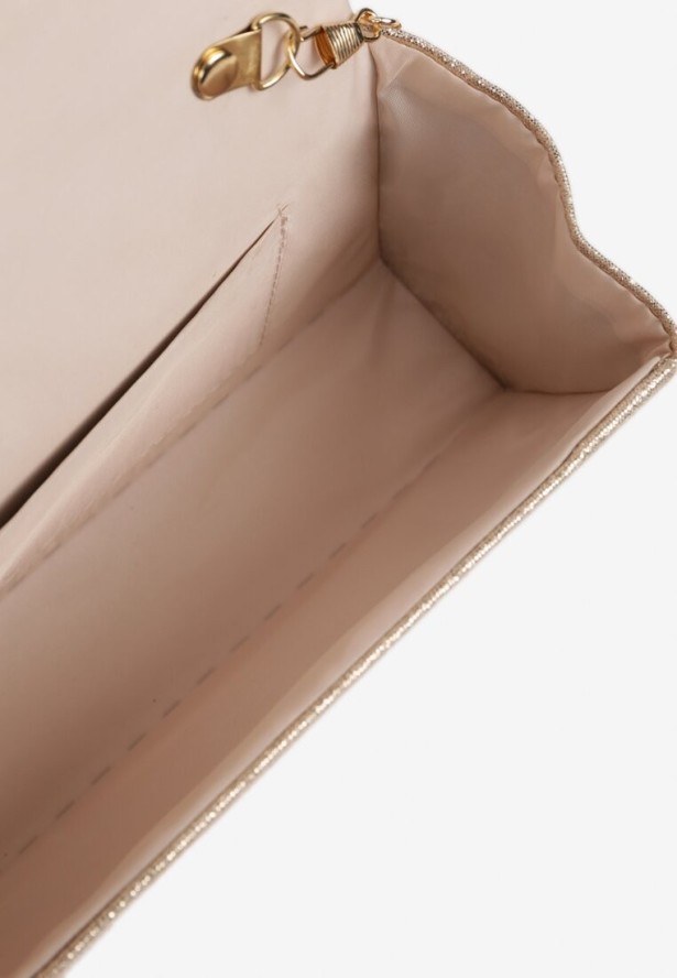 Złota Torebka Kopertówka z Łańcuszkiem i Rączką Zapinana na Zatrzask Ozdobiona Cyrkoniami Uvatia