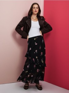 Spódnica midi z asymetryczną falbaną w kwiaty - wielobarwny