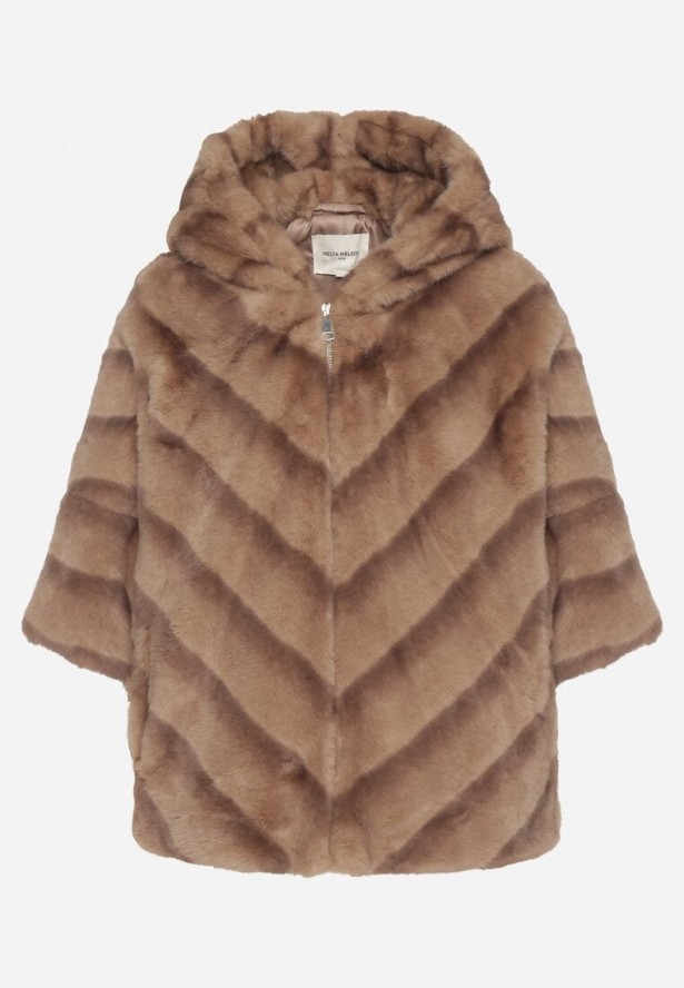 Beżowa Kurtka Futerko Oversize z Kapturem i Rękawami 3/4 Idanne