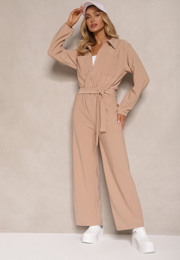 Ciemnobeżowy Kombinezon z Elastyczną Gumką w Pasie z Dodatkowym Wiązaniem o Luźnym Kroju Creera