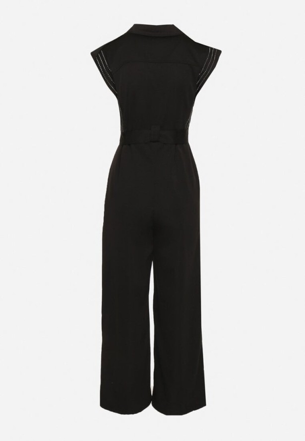 Czarny Taliowany Kombinezon z Guzikami i Cyrkoniami Lumalise