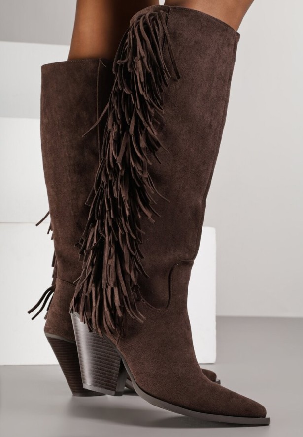 Ciemnobrązowe Kozaki Kowbojki na Stożku z Imitacji Zamszu Zdobione Frędzlami Rabella