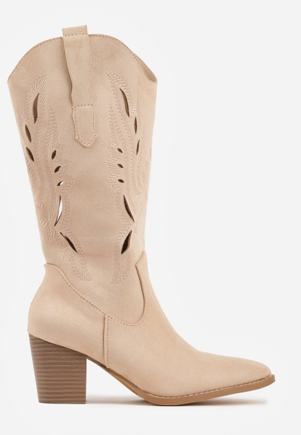 Beżowe Botki Typu Kowbojki VICES na Obcasie z Ażurową Cholewką Eranata