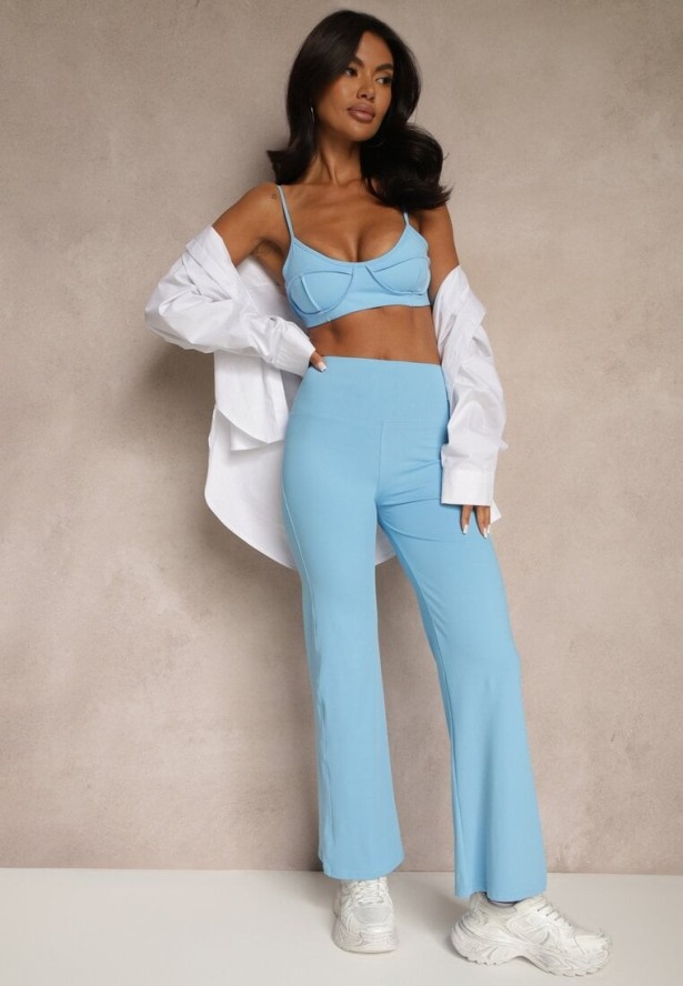 Niebieskie Legginsy High Waist z Szeroką Gumką w Pasie Idalania