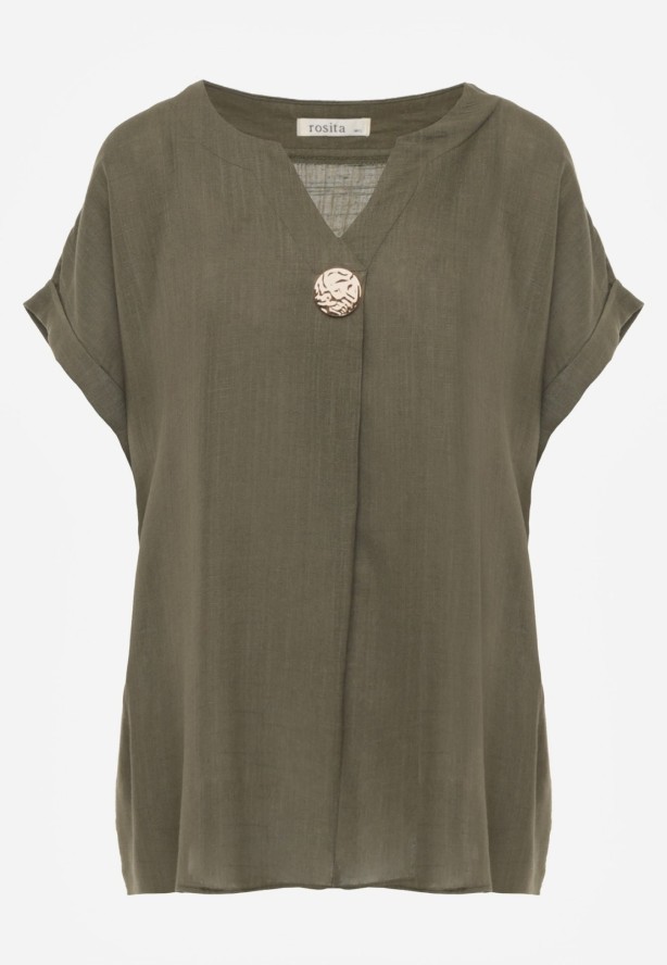 Zielona Bluzka z Lnem i Wiskozą o Nietoperzowym Kroju z Krótkim Rękawem Herira