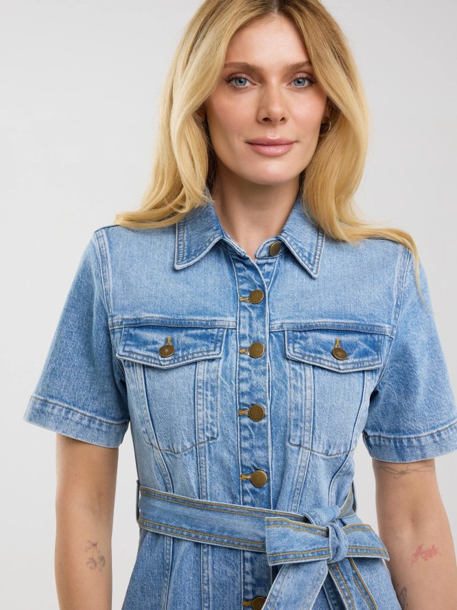 Sukienka damska mini jeansowa z krótkim rękawem niebieska Josie 304