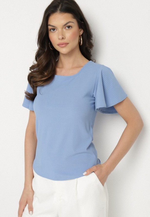 Niebieska Bluzka Ozdobiona Szerokimi Rękawami Sunlisa