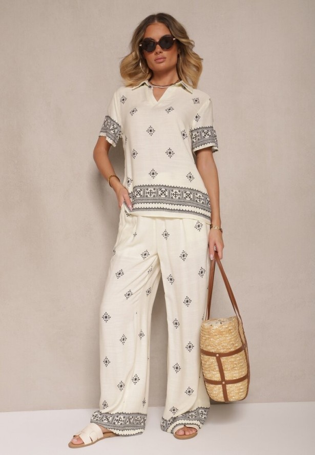 Jasnobeżowy Wiskozowy Komplet Bluzka z Kołnierzykiem i Spodnie o Szerokim Kroju Janovaria