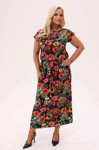 Czarna sukienka MAKOVSKA MAXI w maki i polne kwiaty PLUS SIZE XXL OVERSIZE