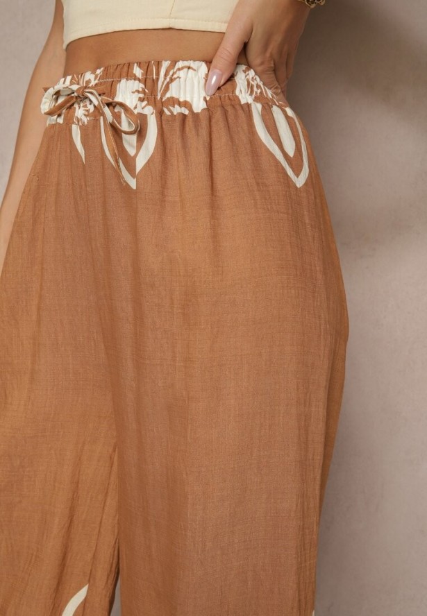 Brązowe Szerokie Spodnie z Wiskozy z Gumką w Talii Zdobione Etnicznym Wzorem Soleldi