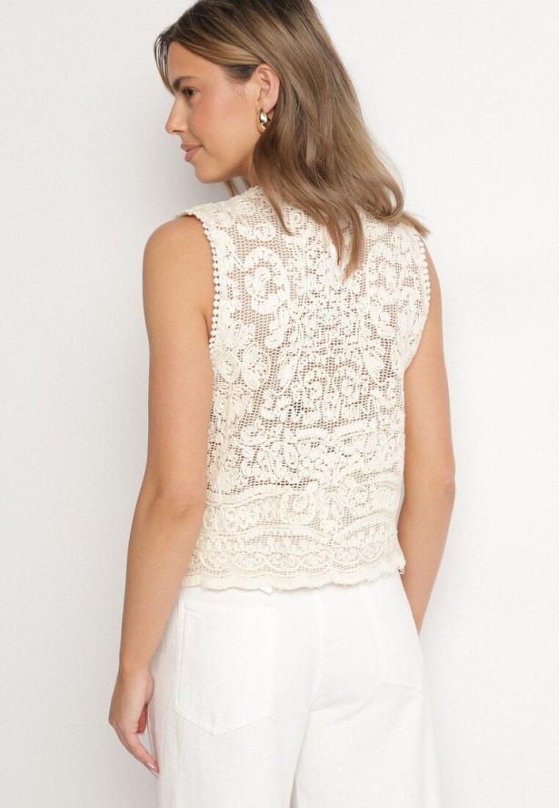 Beżowa Bawełniana Bluzka z Ażurowym Wzorem Viredia