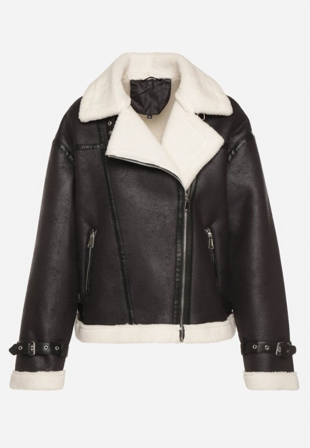 Czarna Kurtka Ramoneska Biker z Futerkiem i Paskami z Klamrami Mandrie