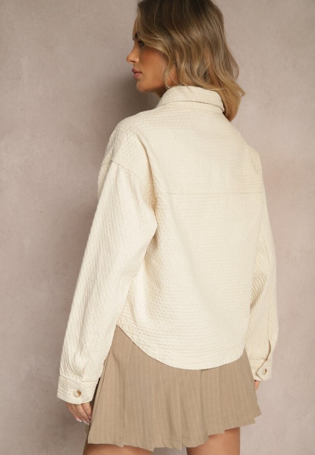 Beżowa Bawełniana Kurtka o Koszulowym Kroju z Kieszeniami i Tłoczeniem Leliora