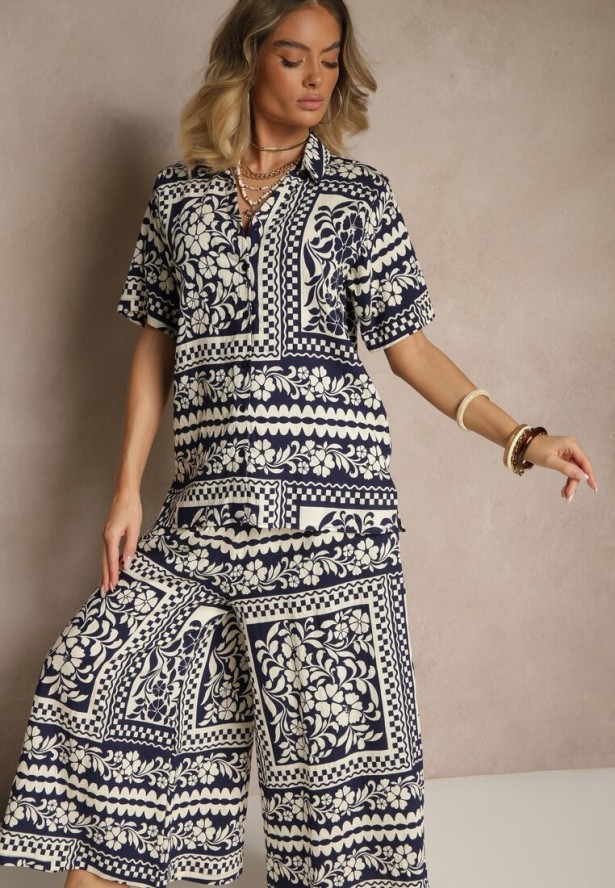 Granatowy Komplet z Wiskozą w Kwiatowy Wzór Koszula i Spodnie Sonelienna